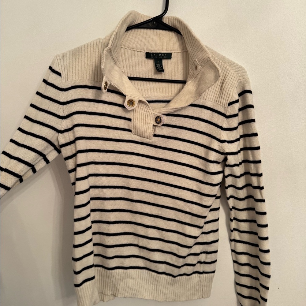 Ralph Lauren Cream and Black Striped Cowl Neck Sweater